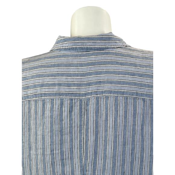 J Jill Love Linen 3X Blue Stripe Roll Tab Sleeve Midi 100% Linen Dress w/Pockets - Picture 5 of 6